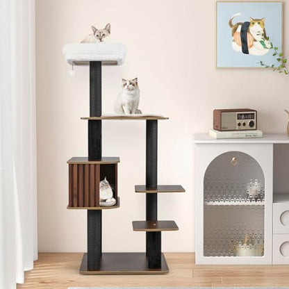 PETSITE 59.5 Inches Modern Cat Tree, Multi-Level Cat Tower with Scratching Posts, Large Condo with Removable Pad, Cushioned Soft Top Perch, and Interactive Dangling Ball (Brown) - color: Brown