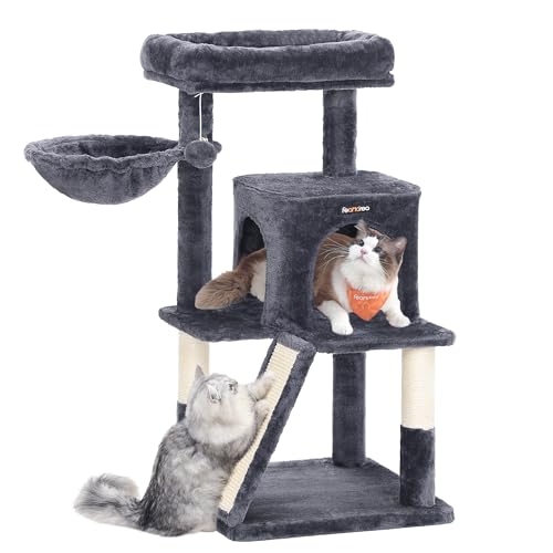 Feandrea Cat Tree, 37.8-Inch Cat Tower, Multi-Level Condo with Widened Perch, Scratching Posts and Ramp, 2-Door Cave, Hammock, Smoky Gray UPCT51G - color: Smoky Gray