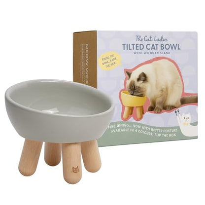 The Cat Ladies Tilted Ceramic Cat Bowl - Elevated Food Bowls Ceramic Pet Bowl - Raised Ceramics Bowls - Elevated & Tilted Design for Comfortable Eating - Dishwasher Safe - Wide Opening - color: Light Grey