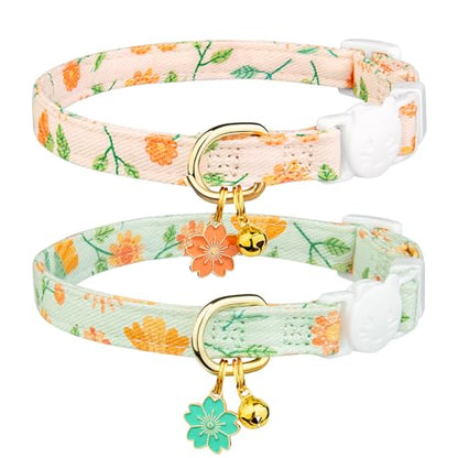 2 Pack Cotton Breakaway Cat Collar Beige and Green Flowers Pendant Cute Kitten Cat Collar with Bell - color: Beige&Green