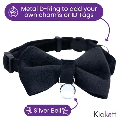 Velvet Bowtie Cat Collar with Bell – Adjustable Breakaway Black Cat Collar for Adult Cats (7–11 in) - color: Black