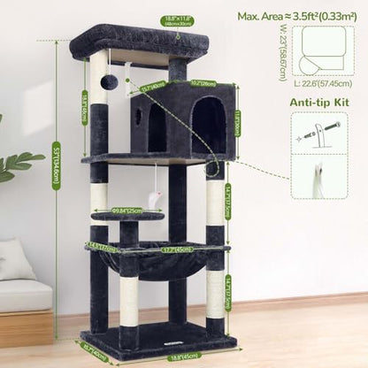 Globlazer Cat Tree Tower with Scratching Post for Indoor Cats, 53inch Tall Plush Multi-Level Cat Climbing Tower Condo House with Large Hammock, Spacious Cat Condo, Big Padded Top Perch, F53, Dark Gray - color: Dark Gray