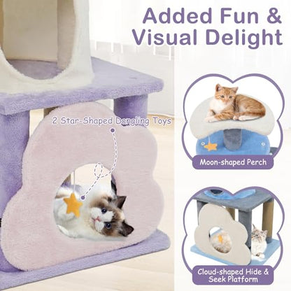 PETSITE 31.5-inch Cute Cat Tree, Multi-Level Small Cat Tree with Scratching Posts, Condo, Star-Shaped Dangling Toys, and Top Perch, Star, Moon & Cloud Elements Mixed, Ideal for Indoor Cats (Purple) - color: Purple