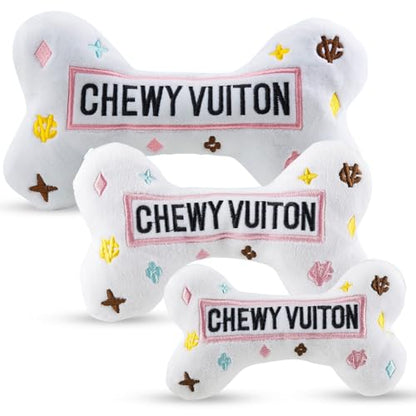 Haute Diggity Dog Chewy Vuiton Bone Plush Squeaky Dog Toy, Soft Durable Designer-Inspired Stuffed Puppy Chew Toys for Small & Medium Dogs, Machine-Washable (White) Large - color: White Bone, size: Large