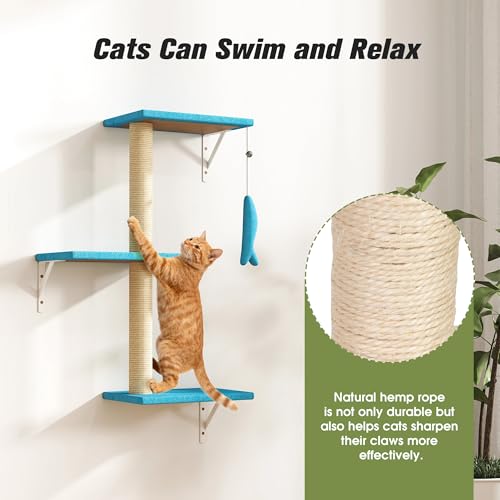 5 Pcs Wall-Mounted Climber Set, Wood Indoor with Shelves and Perches, Ladder, Condo House, Scratching Board and Tree, Wall Shelves Furniture for Cats (Ocean Blue) - color: Ocean Blue