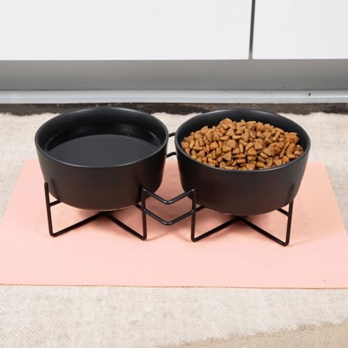 Waggo Simple Solid Double Dog Bowl Stand - Double Iron Stand with Ceramic Feeders, Elevated Pet Feeder for Small or Large Breeds (Matte Black, Small) - size: Small