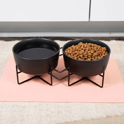 Waggo Simple Solid Double Dog Bowl Stand - Double Iron Stand with Ceramic Feeders, Elevated Pet Feeder for Small or Large Breeds (Matte Black, Small) - size: Small