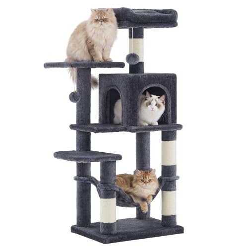 SONGMICS HOME Cat Tree for Indoor Cats, Multi-Level Tower Condo with Sisal Scratching Posts, Hammock and Condo, Dark Gray - color: Dark Gray, size: 44.3 Inches