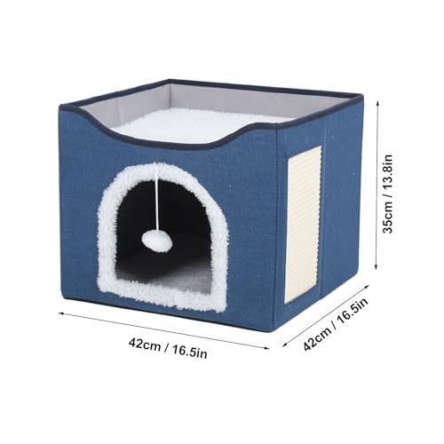 Foldable Cat House, 2 Layer Collapsible Kitten House Multifunctional Cat Cave Bed Soft Cat Scratcher House, Cat Bed Cave Cat Cubes Cat Hideaway for Indoor Cats(Navy Blue) - color: Navy Blue