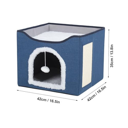 Foldable Cat House, 2 Layer Collapsible Kitten House Multifunctional Cat Cave Bed Soft Cat Scratcher House, Cat Bed Cave Cat Cubes Cat Hideaway for Indoor Cats(Navy Blue) - color: Navy Blue