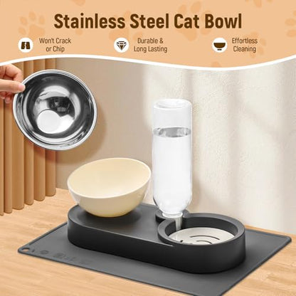 2-in-1 Dog Bowl, Elevated Cat Food and Water Bowl with No-Spill Mat, 15° Tilt Stainless Steel Dish + 500ml Leak-Proof Bottle, Easy Clean Design (Dry/Wet Food & Water)