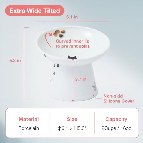 Necoichi Elevated Cat Food Bowl, Ceramic (Porcelain),15° Tilted, Whisker-Friendly, Dishwasher, Microwave Safe, Non-Slip, Anti-Vomiting, Neck Fatigue (Extra Wide Tilted, 1.5-Cup Capacity) - color: Cat, size: Large Extra Wide Tilted (1.5 Cups)