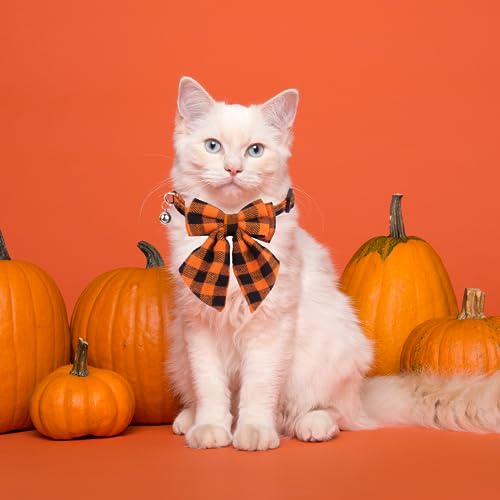 ADOGGYGO Halloween Cat Collars with Removable Bow Bell, 2 Pack Orange Purple Plaid Halloween Bowtie Collar for Cats Kittens - color: Orange&Purple-2