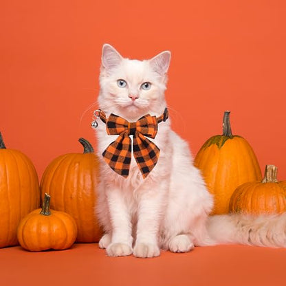 ADOGGYGO Halloween Cat Collars with Removable Bow Bell, 2 Pack Orange Purple Plaid Halloween Bowtie Collar for Cats Kittens - color: Orange&Purple-2