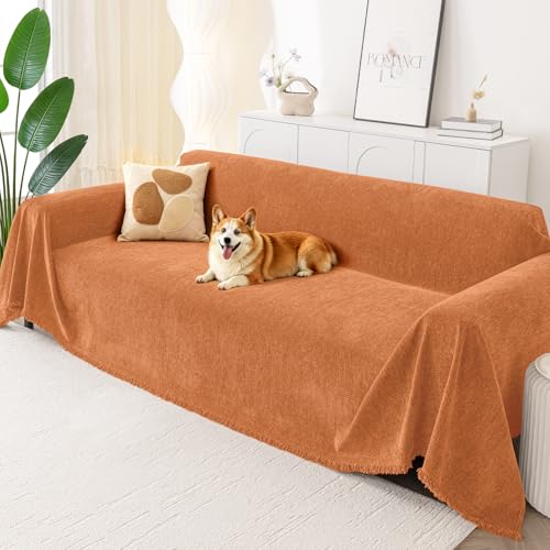 Smiry Couch Cover for Dogs, Washable Chenille Sofa Covers for 3 Cushion Couch, Soft Sofa Slipcover for Pets, Thick Sectional Furniture Protector with Tassels (Orange, 71x118 Inch) - color: Orange, size: 71x118 Inch