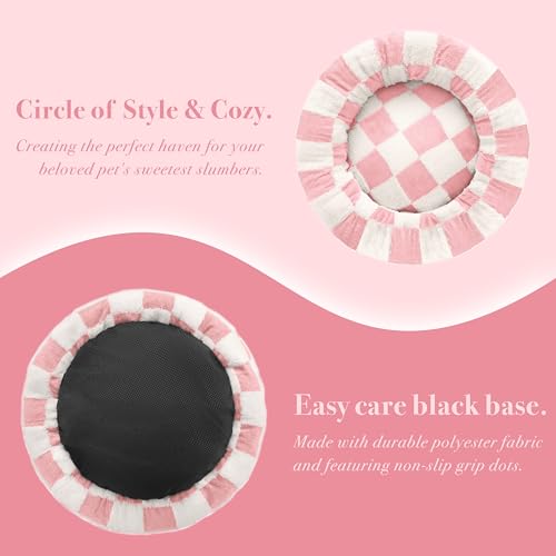 Ohocut Checkered Cat Dog Bed, Cute Girly Pink Retro Style Aesthetic Round Warming Pet Calming Beds for Small Dog and Cats, Plush Cozy Donut Beds Washable, 23" L x 23" W x 8" Th - color: Pink, size: 23"L x 23"W x 8"Th