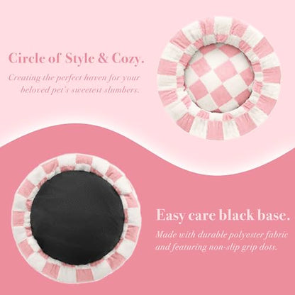 Ohocut Checkered Cat Dog Bed, Cute Girly Pink Retro Style Aesthetic Round Warming Pet Calming Beds for Small Dog and Cats, Plush Cozy Donut Beds Washable, 23" L x 23" W x 8" Th - color: Pink, size: 23"L x 23"W x 8"Th