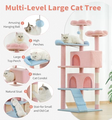 Made4Pets Cat Tree Tower 56" Cat Tower for Indoor Cats Kitten Tree Multi-Level Cat Tree with 2 Condo Furniture Activity Center with Scratching Posts Funny Toys (Pink Flower Blue) - color: Pink Flower Blue