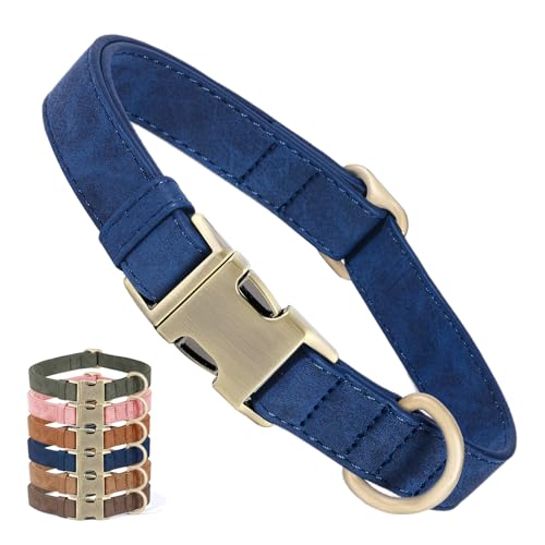 Genuine Leather Dog Collar - Adjustable Pet Collar with Quick Release Metal Buckle, Soft Skin Friendly Real Leather Collar for Small, Medium, Large Dogs (Blue, L：Fit 15-23" Neck) - color: Blue, size: L：Fit 15-23" Neck