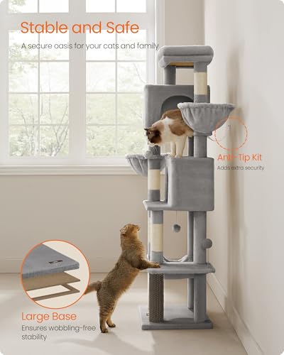 Feandrea Cat Tree, 69-Inch Tall Cat Tower, Multi-Level Plush Condo with 2 Caves, 2 Baskets, 5 Scratching Posts, Self-Groomer, Perch, Hammock, Dove Gray UPCT182G01 - color: Dove Gray