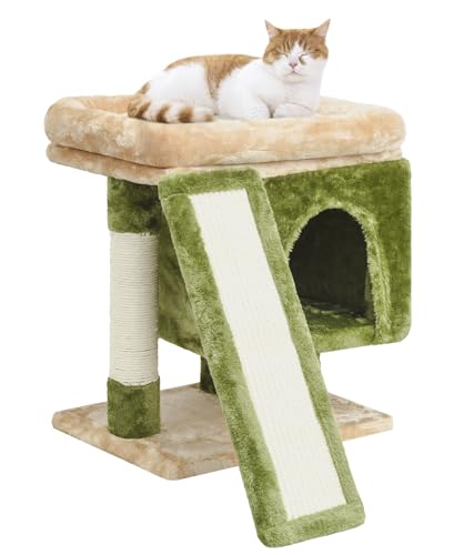 SYANDLVY Small Cat Tree for Indoor Cats, Cat Tower with Scratching Post, Modern Activity House for Large Cats, Condo with Board, Kittens Cave - color: Beige & Green