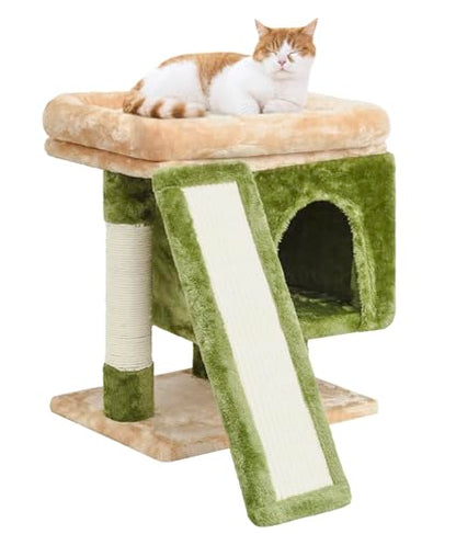 SYANDLVY Small Cat Tree for Indoor Cats, Cat Tower with Scratching Post, Modern Activity House for Large Cats, Condo with Board, Kittens Cave - color: Beige & Green