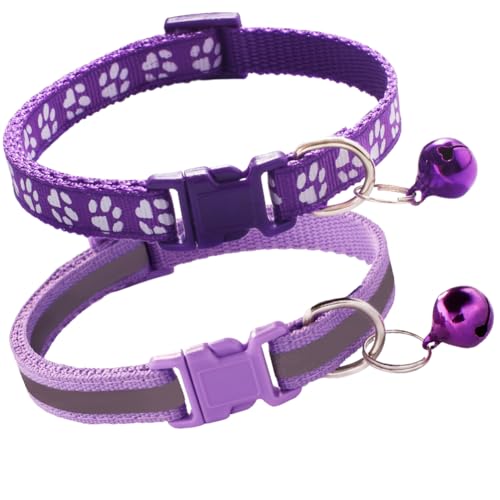 Purple Puppy Collar with Bell, 2-Pack Paw Print & Reflective Strip Girls Cat Collars with Bells for XXS XS Small Little Dogs Tiny Kitten Female Pet, X-Small - color: Reflective Purple