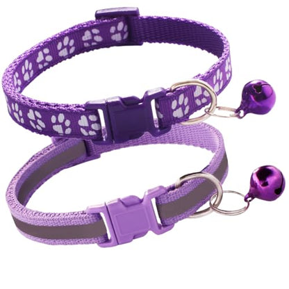 Purple Puppy Collar with Bell, 2-Pack Paw Print & Reflective Strip Girls Cat Collars with Bells for XXS XS Small Little Dogs Tiny Kitten Female Pet, X-Small - color: Reflective Purple