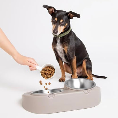 Ubbi Pet Feeding Bowls Set with Non-Slip Mat, Elevated & Flat Stainless Steel Dog or Cat Bowls, Ergonomic 15° Angled Feeder, Dishwasher Safe, Taupe - color: Taupe