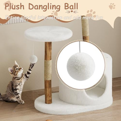 Modern Cat Tree Tower, Natural Solid Wood & Rattan Design with Woven Basket & Condo, Multi-Level Cat Activity Center for Indoor Cats, Aesthetic Pet Furniture - size: Small