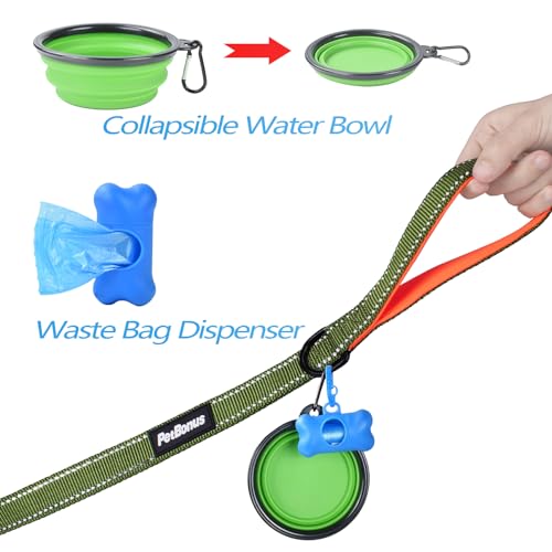 Double Dog Leash, No Tangle Dual Leash, Reflective Walking Training Lead, 4 Comfortable Padded Handles for 2 Dogs with Collapsible Bowl and Waste Bags (Khaki Green, Large) - color: Khaki Green