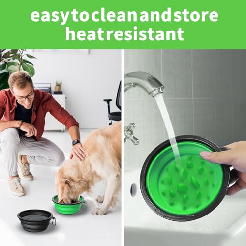 2 Pack [Slow Feeder Design + Regular], Collapsible Dog Bowl Travel Portable Pet Bowls, [34oz,1000ml] Foldable Food Water Feeding Dishes for Traveling Hiking Walking with Carabiners [Blue,Green] - color: Blue+Green