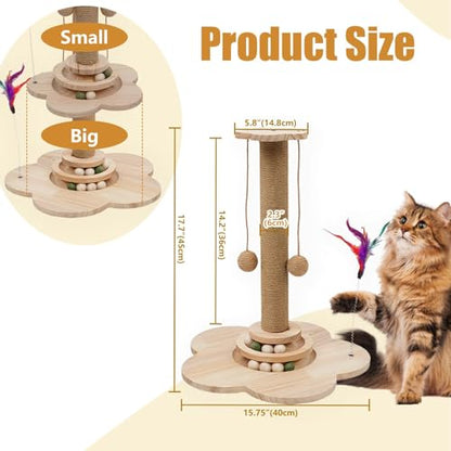 4 inch Wider Design for Large Cats Providing Greater Stability,4-in-1 Wooden Cat Scratcher Toy,Scratching Post&2-Level Track Tower with 8 Balls&2 Sisal Ball&2 Cat Wand Toy(15.8" L x 15.8" W x 19" H) - size: 15.8"L x 15.8"W x 3.1"H