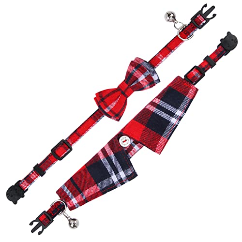 Faleela 2 Pack/Set Cat Collar with Cute Bow Tie and Bell,Breakaway Plaid Shirt Collar for Kitty Adjustable Safety - color: 2023new-Red