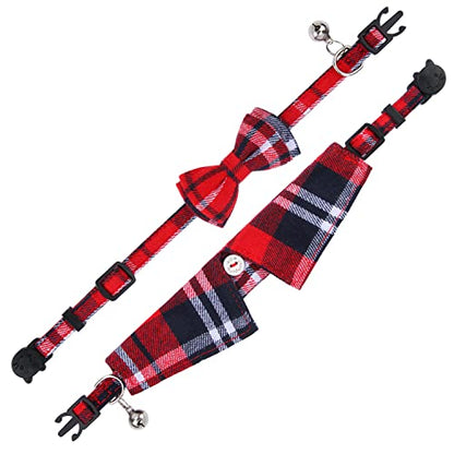 Faleela 2 Pack/Set Cat Collar with Cute Bow Tie and Bell,Breakaway Plaid Shirt Collar for Kitty Adjustable Safety - color: 2023new-Red