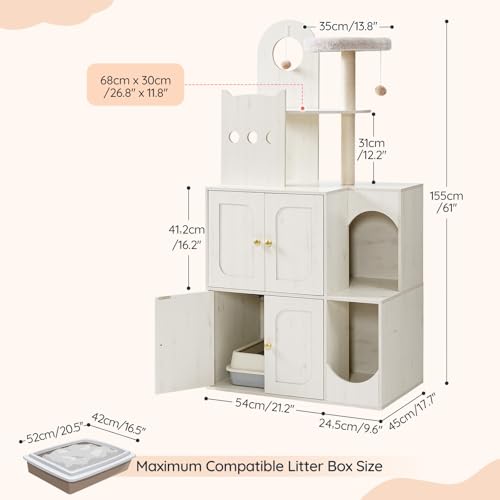 HOOBRO Cat Litter Box Enclosure Furniture for 2 Cats, 2 in 1 Hidden Litter Box Furniture with Sisal Scratching Posts and Dangling Balls, Double Litter Box Cabinet with Cat Tree, Indoor Cat House White