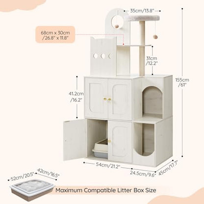 HOOBRO Cat Litter Box Enclosure Furniture for 2 Cats, 2 in 1 Hidden Litter Box Furniture with Sisal Scratching Posts and Dangling Balls, Double Litter Box Cabinet with Cat Tree, Indoor Cat House White