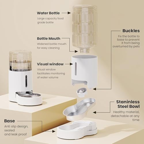 CZPET Automatic 4L/135Oz/1Gal Cat Water Dispenser with Stainless Steel Bowl, Gravity Waterer for Small Medium Dog Puppy Kitten (White) - color: White