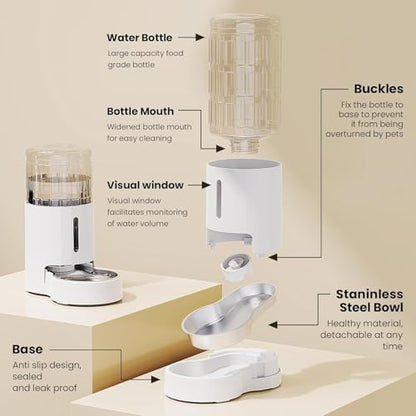 CZPET Automatic 4L/135Oz/1Gal Cat Water Dispenser with Stainless Steel Bowl, Gravity Waterer for Small Medium Dog Puppy Kitten (White) - color: White