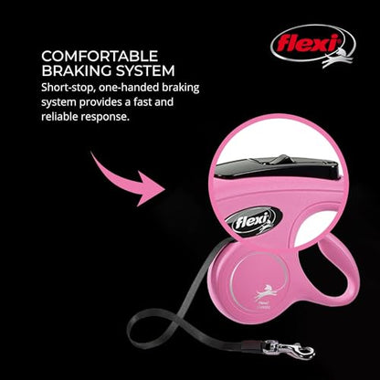 FLEXI New Classic Tape Retractable Dog Leash for Medium Dogs Upto 55 lbs. – 16 ft., Pink | Tangle Free Pet Walking Leash with One-Handed Brake, Pause, Lock | German Quality Product - color: Pink, size: Medium - 16 Feet (Tape)