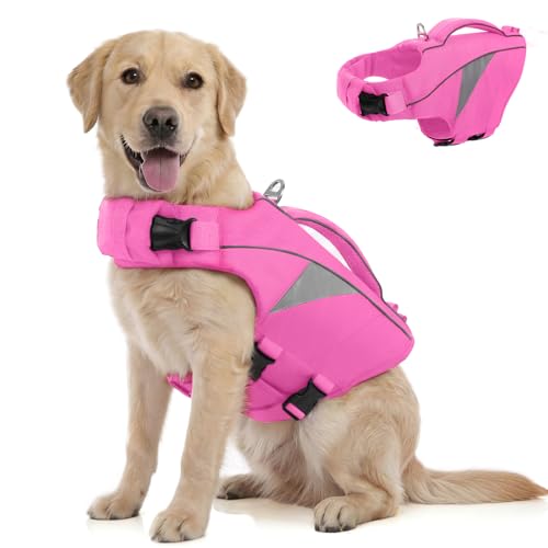 Queenmore Large Dog Life Jacket,Reflective Dog Life Vest for Extra Large Dogs with High Buoyancy, Pet Lifesaver Vest for Swimming Boating,Lightweight Doggy Jackets with Rescue Handle(Pink,2XL) - color: Pink, size: XX-Large