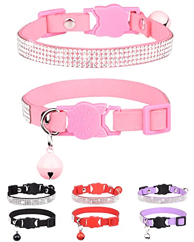 Solmoony Breakaway Cat Collars with Bell,Adjustable Safe Kitten Collar,Cat Collars for Girl Cats with Rhinestone Soft Velvet (Pink) - color: Pink