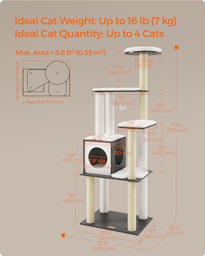 Feandrea Cat Tree, 65-Inch Modern Cat Tower for Indoor Cats, Multi-Level Cat Condo with 5 Scratching Posts, Perch, Washable Removable Cushions, Cat Furniture, Misty Gray UPCT166G03 - color: Misty Gray