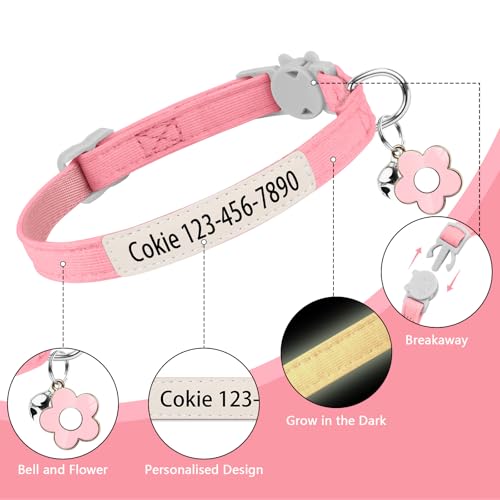 Personalised Glow in the Dark Cat Collar with Bell Flower Decoration, Custom UV-Printed Name & Phone Number, Luminous Adjustable Cat Collar Breakaway (Fluorescent Glow)
