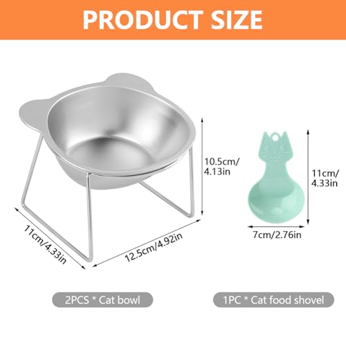 2 Pack Elevated Cat Bowls, 15° Tilted Stainless Steel Raised Cat Dishes for Food and Water, Whisker-Friendly Design with Non Slip Base and Scoop for Small Cats and Dogs