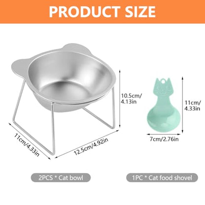 2 Pack Elevated Cat Bowls, 15° Tilted Stainless Steel Raised Cat Dishes for Food and Water, Whisker-Friendly Design with Non Slip Base and Scoop for Small Cats and Dogs