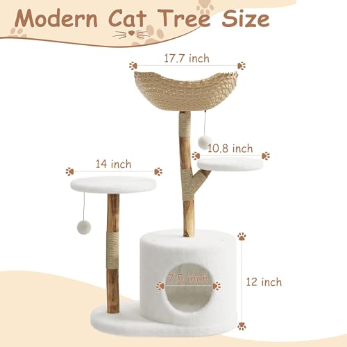 Modern Real Wood Cat Tree Tower, Luxury Aesthetic Cat Tree Condo with Platforms, Scratching Posts & Washable Mats, 43" Wooden Cats Tower Two Branch