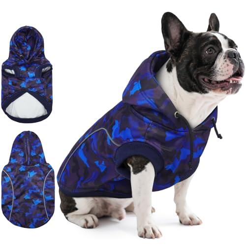 IECOii Camo Dog Hoodie Fleece Lined Dog Sweatshirt Pullover with Leash Hole and Reflective Stripes, Windproof Warm Hoodie for Small Dogs Girl Boy, Fall Winter Outdoor Pet Hoodies, Blue Camo, M - color: Blue, size: Medium
