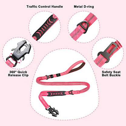 Raipult Tactical Dog Leash Heavy Duty, 4-6FT Shock Absorbing Bungee Leash with Quick Release Clip& 2 Handles, No Pull Waking Lead with Car Seatbelt for Medium Large Dogs that Pull,Pink - color: Hot Pink