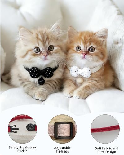 2 Pack Soft Breakaway Safety Cat Collar，Kitten Collar with Bell and Bow Tie,Adjustable Breakaway Cotton Collar for Kitty and Puppy (Polka Dot-Black White) - color: Polka Dot-Black White